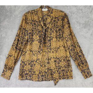 Hinge Blouse Womens Small Yellow Black Silk Long Sleeve‎ Boho Floral Smocked Top
